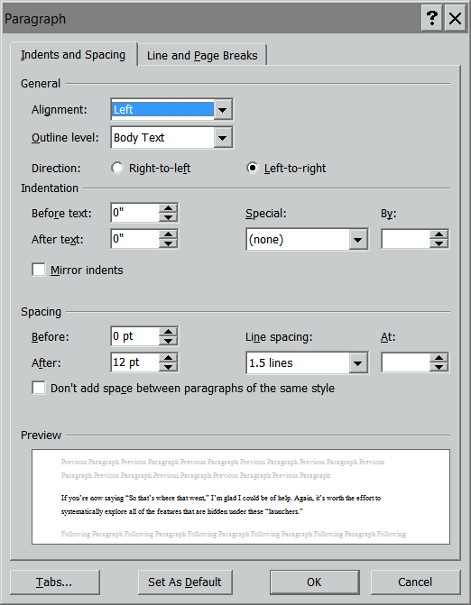 Launch of the Paragraph Dialog